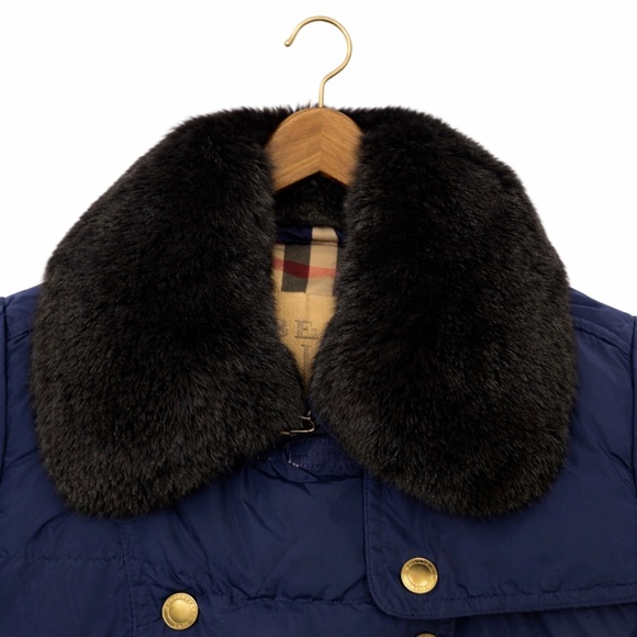 Burberry Brit Navy Down Puffer Parka Coat Fur Collar Belted Double-Breasted Sz M - Picture 5 of 14